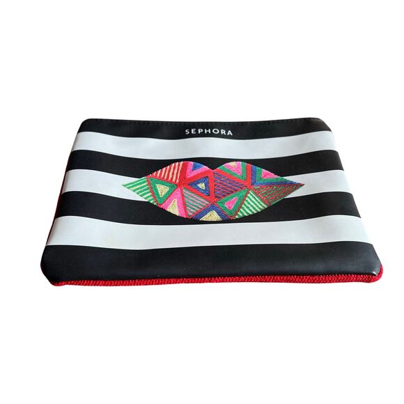 Sephora Make Up Pouch Black and White Stripes Lips - Picture 2 of 4